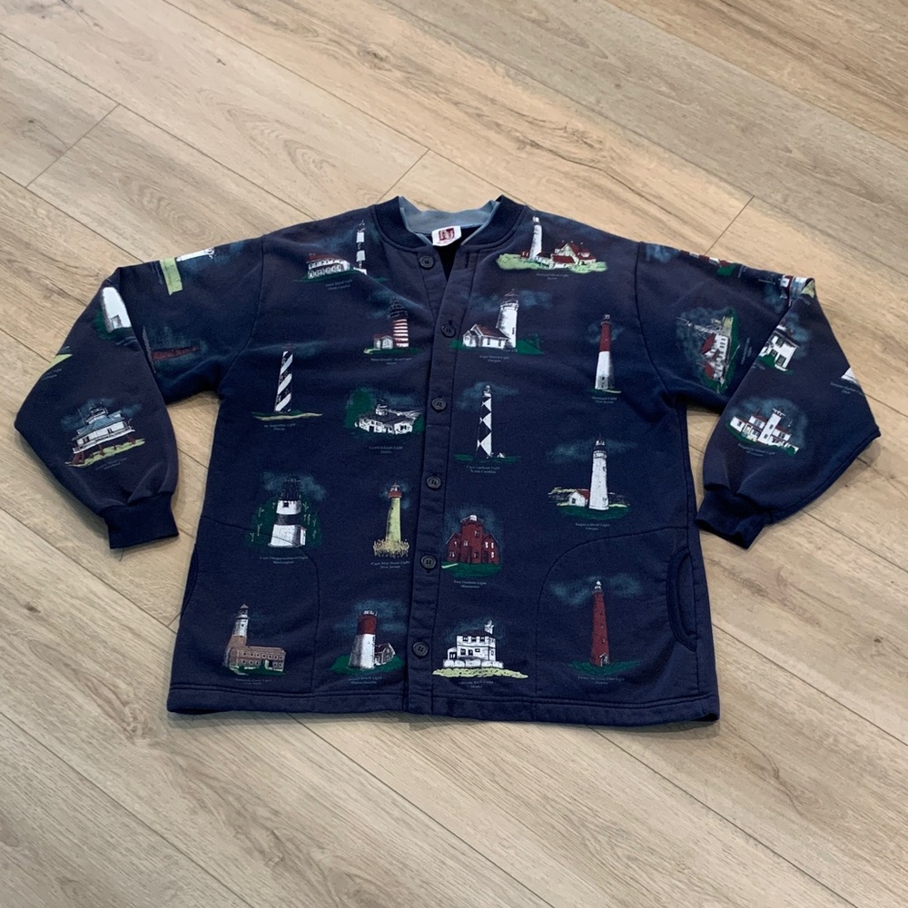 Vintage Art Unlimited LIGHTHOUSE button up Cardigan Size XL Front & Back Print